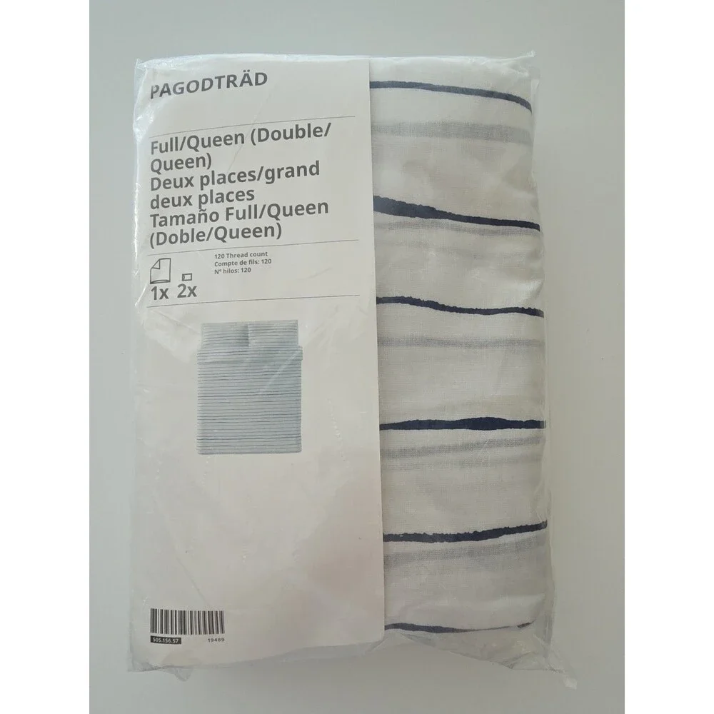 Ikea Pagodtrad Full/Queen Duvet Cover 2 Pillowcases Stripes White Blue